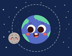 Cartoon vector illustration of a funny Earth planet character with the Moon orbiting it on a space background. Infography for astronomy education, science books and children’s projects