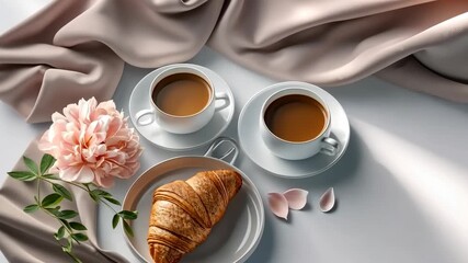 Enjoying morning coffee and croissants at a cozy breakfast table with elegant flowers - Powered by Adobe