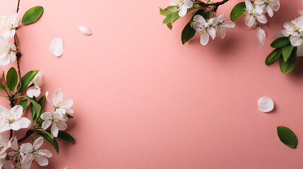 Delicate white blossoms and green leaves on soft pink background white flowers floral