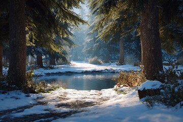 Classic winter landscape , a peaceful snowy forest reflected in a calm pond