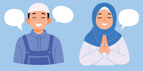 Illustration of a Muslim man and woman with speech bubbles, conveying greetings and engaging in conversation, showcasing cultural communication.