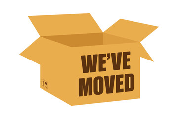 An open cardboard box with the words "WE'VE MOVED" printed on its side is depicted against a white background, suggesting a relocation.