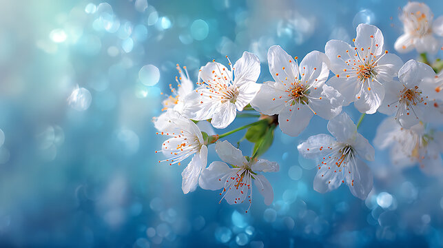 Delicate white blossoms on a vibrant blue bokeh background white flowers cherry blossoms