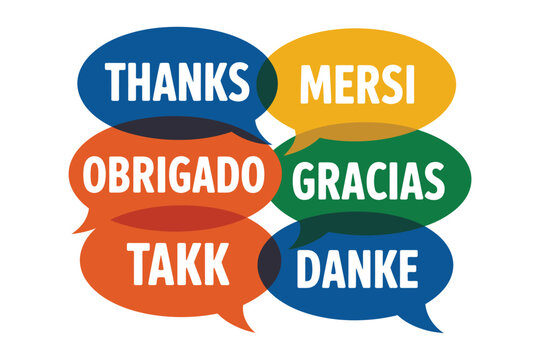 Speech bubbles display the word 'thanks' in multiple languages, representing global communication and appreciation.