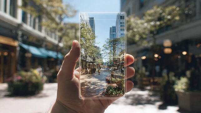 Future technology concept, a hand showing a mobile phone with a digital ar interface overlay