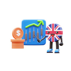 Cute 3D United Kingdom flag mascot explaining candlestick chart and arrow trend for stock market and finance.