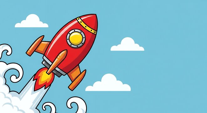 Red rocket launching into sky with clouds background  
