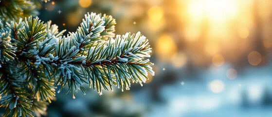Frost-covered pine tree branch with sunlight in winter forest  