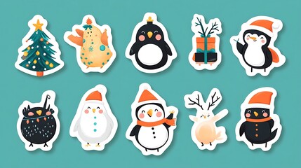 Cute Christmas sticker pack with festive symbols in cheerful design winter vibe
