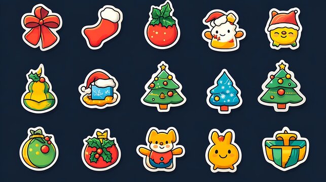 Cute Christmas sticker pack with festive symbols in cheerful design winter vibe