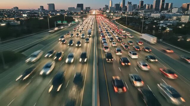 Cars creating heavy traffic on a multilane highway during rush hour with a city skyline in the background, showing a dynamic green energy surge along the road