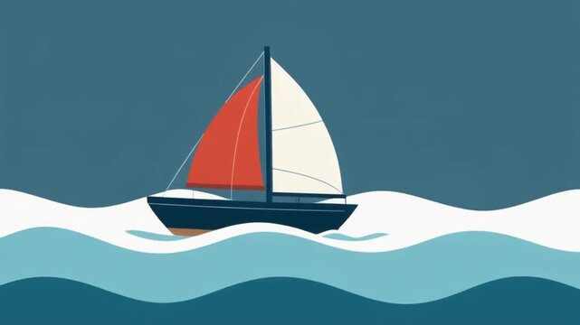 Looping animation of a sailboat moving gracefully over gentle waves, flat vector style, smooth transitions, clean white background