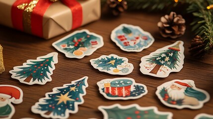 Decorative festive sticker set featuring classic Christmas symbols