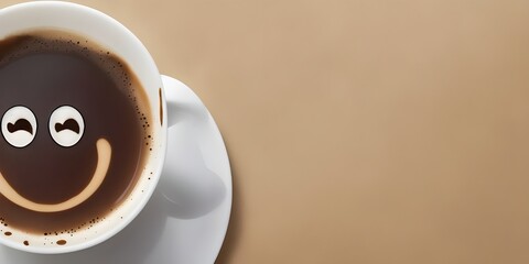 playful and unique latte art featuring an exaggerated, winking smiley face design floating on the drink's surface in a white mug.