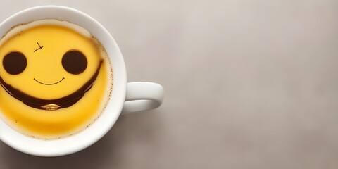 Start your day with a cheerful cup featuring a delightful, stylized smiling face emoji rendered in coffee or tea foam, set against a clean, minimalist background.