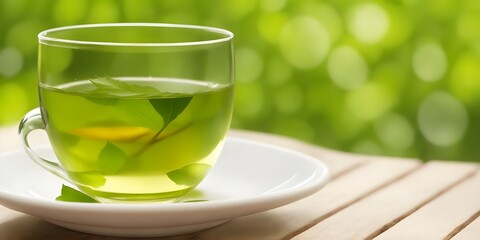 Capture the soothing, healthy allure of vibrant green tea served in a clear glass cup and saucer, set on a wooden surface against a backdrop of sunny, natural green bokeh.