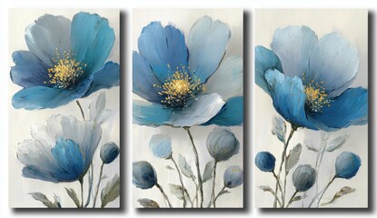 Vibrant photo of triptych of blue flowers with yellow centers