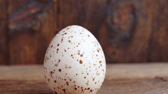 A beautiful close-up shot features a single, raw, speckled egg resting on a warm, rustic wooden surface. The pristine white shell is naturally adorned with distinct brown spots, highlighting its organ