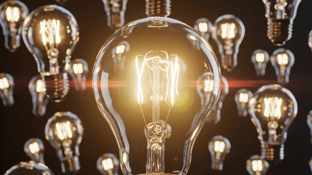 Many clear light bulbs float against a black background, with one illuminated bulb standing out as a symbol of creativity, innovation, and a powerful new idea emerging from darkness