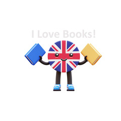 Cute 3D United Kingdom flag mascot holding two books with �I love books!� text promoting education.