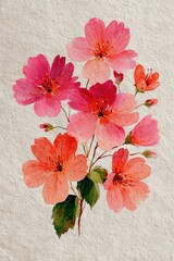 Vintage watercolor floral illustration on textured paper &ndash; hand-painted pink and coral blossom bouquet, botanical art print with delicate spring flowers