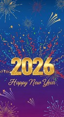 New Year 2026 Celebration with Fireworks and Golden Numbers.