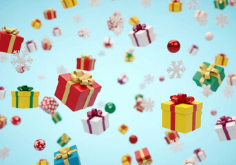 Festive Christmas Gifts Falling and Floating in Air.