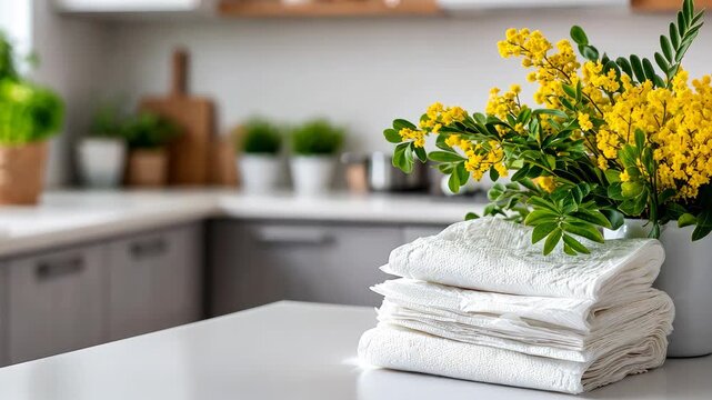 Fresh flowers and clean towels brighten up a cozy kitchen with a touch of nature and simplicity