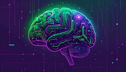Abstract Digital Brain with Neon Circuits: Artificial Intelligence, Machine Learning, and Information Processing Technology Concept