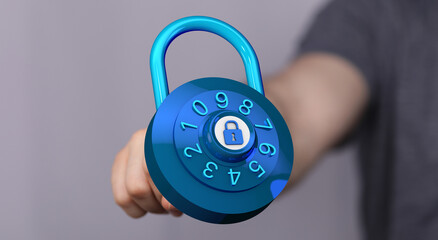 Secure digital padlock illustration held up. Protect your digital information with this security design, repres