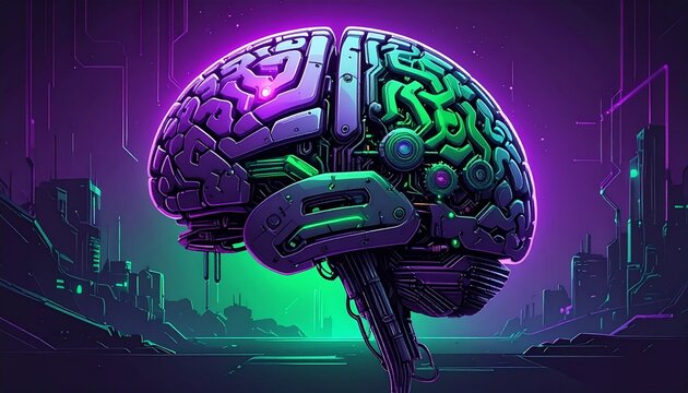 Cybernetic Brain with Neon Purple and Green Lights, AI Technology Concept for Digital Intelligence and the Future