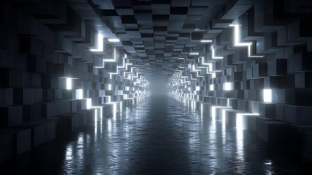 Abstract visualization of an infinite tunnel of glowing geometric cubes extending into darkness