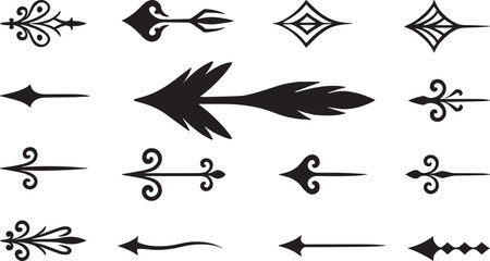 Decorative vintage arrow ornament set with swirl elements, flourish pointers, elegant boho arrow designs