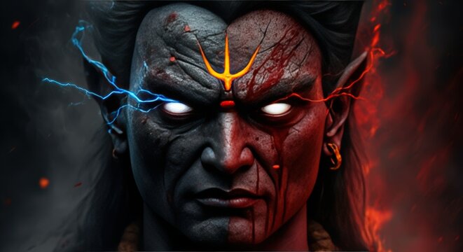 Intense closeup portrait of lord shiva with glowing eyes and a third eye symbol, fierce expression, dark fantasy art