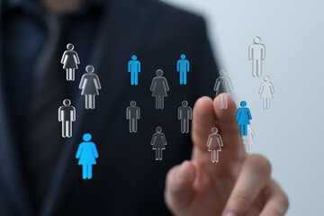 Abstract image of a businessman touching a network of people icons, representing communication and teamwork. Pe