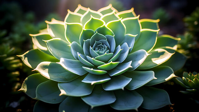 Macro close-up of a dark green rosette succulent plant, showcasing geometric texture and dramatic backlighting