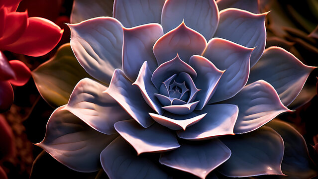 Macro close-up of a dark green rosette succulent plant, showcasing geometric texture and dramatic backlighting - Powered by Adobe