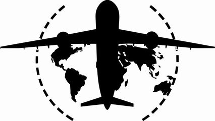 Fly around the world airplane and globe illustration, travel the world destinations icon concept