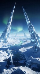 Crystal Towers in Frozen Landscape Under Aurora Borealis.