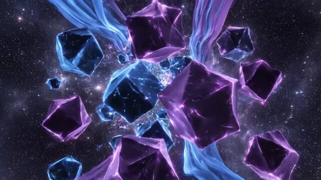 Vibrant purple and blue fabric streams twist and converge, creating an abstract celestial portal against a deep space background filled with distant stars and nebulous gas