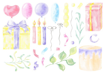 Birthday party, collection of clipart with pastel and watercolor elements, gift box, exhibition of balloons, confetti, tinsel, cake with candles, greenery, leaves. Set postcards, invitations, patterns