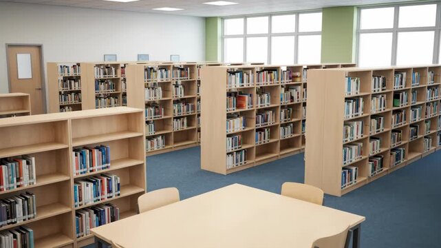 Bright library interior with bookshelves and tables for studying.