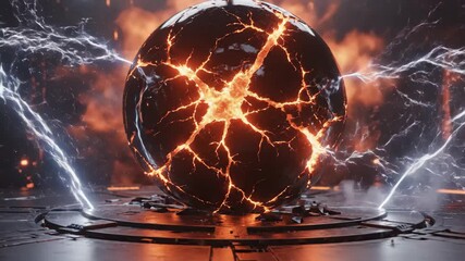 Cracked dark sphere glowing with molten orange core and blue electrical arcs, dramatic sci-fi power burst suggesting destruction, energy release and high-tech danger - Powered by Adobe