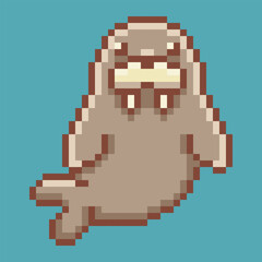 Obraz premium A retro pixel art of cute walrus character. This 8-bit illustration of the tusked arctic mammal is a perfect symbol for winter, cold climates, and marine wildlife