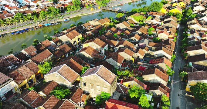 Aerial view of Hoi An ancient town, Quang Nam, Vietnam. Famous old town for travel in Vietnam, UNESCO World Heritage.