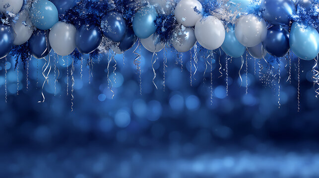 Elegant blue and white balloons with streamers celebration - Powered by Adobe