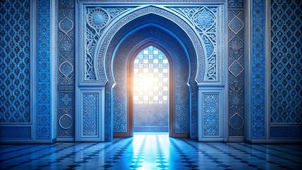 Ornate blue islamic archway with sunlight streaming through