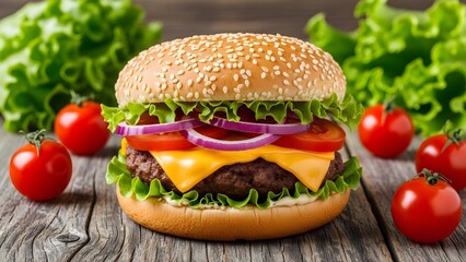 Appetizing cheeseburger with fresh veggies and melted cheese on a rustic wooden background.