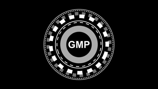 the screen showing text "GMP, generative gmp technology icon neon icon ,projector animation icon ,powerful black background projector animation technology video.4k animation