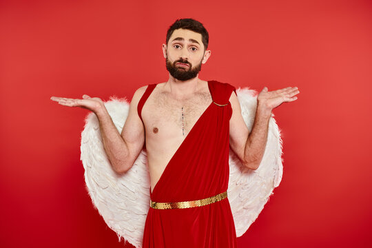 Cupid in red tunic spreads love, celebrating Valentines Day with playful charm